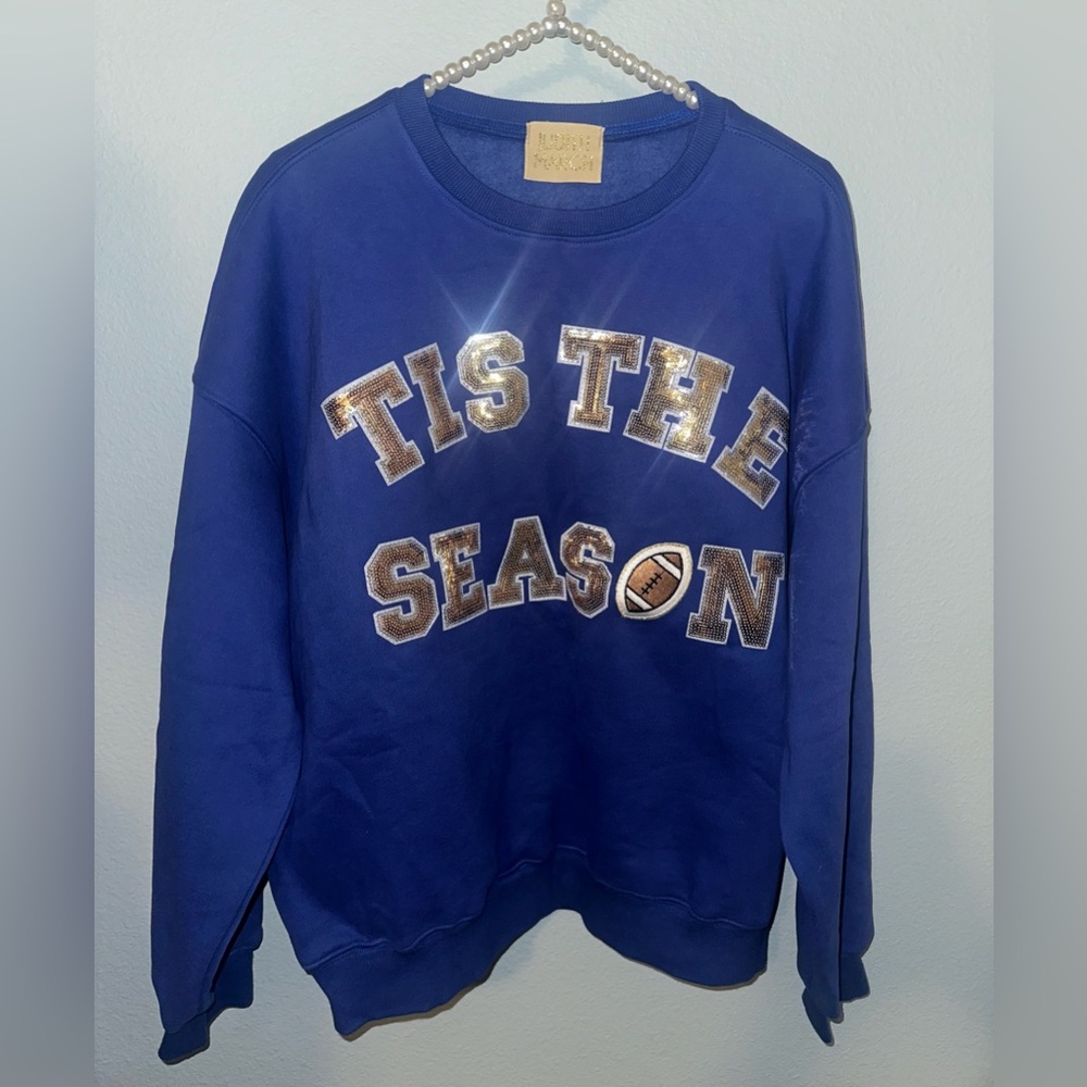 BRAND NEW • JUDITH MARCH • ROYAL BLUE FOOTBALL SWEATSHIRT • SIZE S